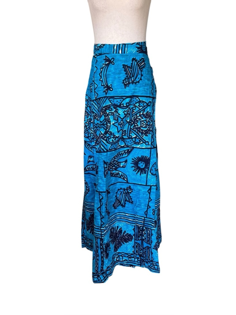 Vintage 1960s Tiki Tapa Designs Blue Barkcloth Hawaiian Maxi Wrap Skirt NWT